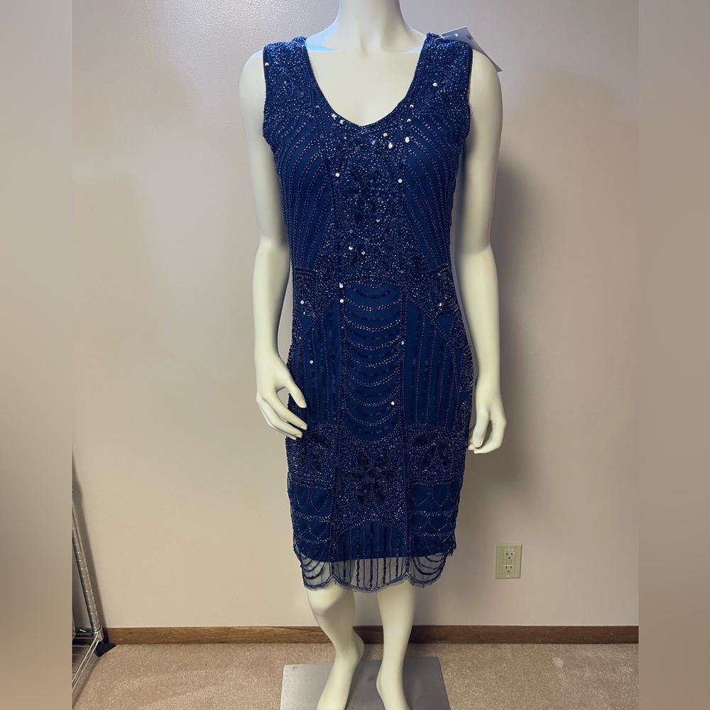 NWT! PG Cocktail Evening Party Dress Navy Blue Size M Beads Sequins Tulle V-Neck